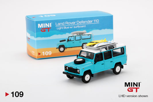 Mini GT Land Rover Defender 110 Light Blue w/ Surfboard