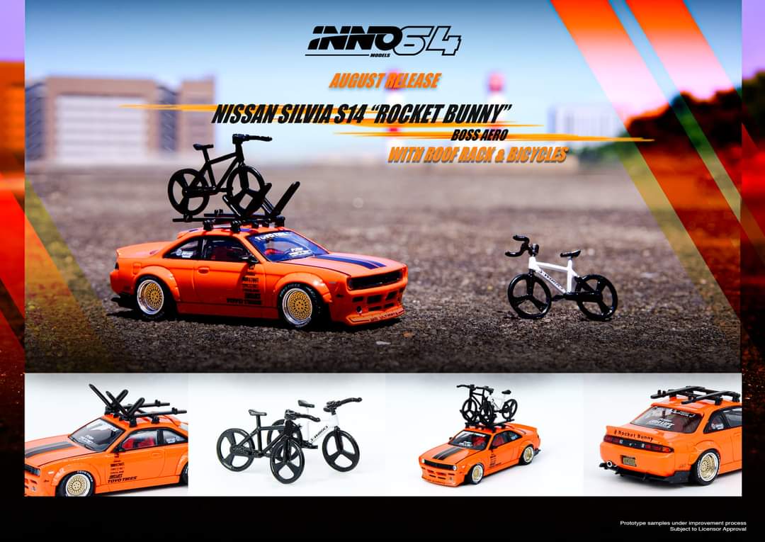 Inno64 Nissan Silvia S14 Rocket Bunny Boss Aero w Roof Rack and Bicycles